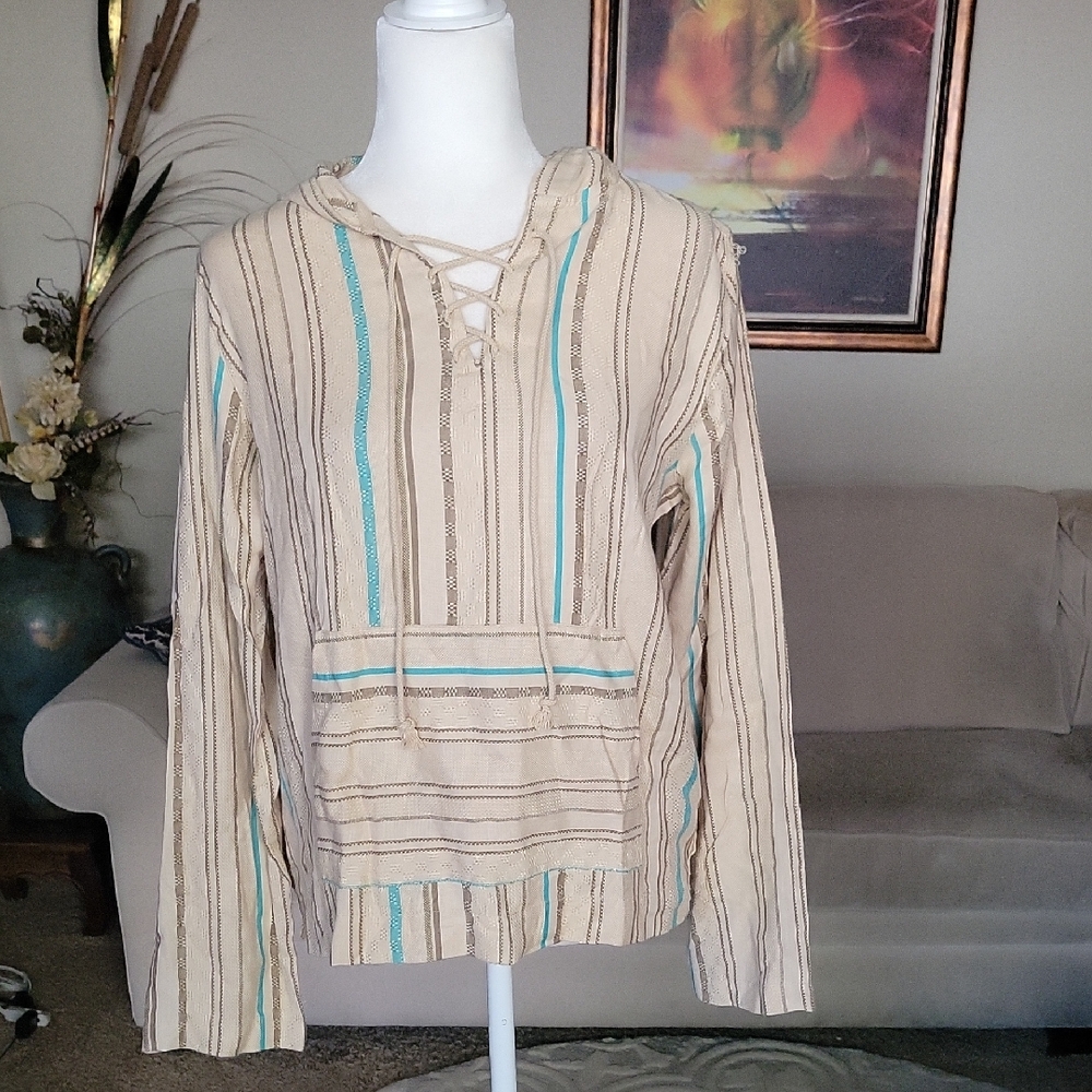 Lagaci Beige and Teal Striped Hoodie